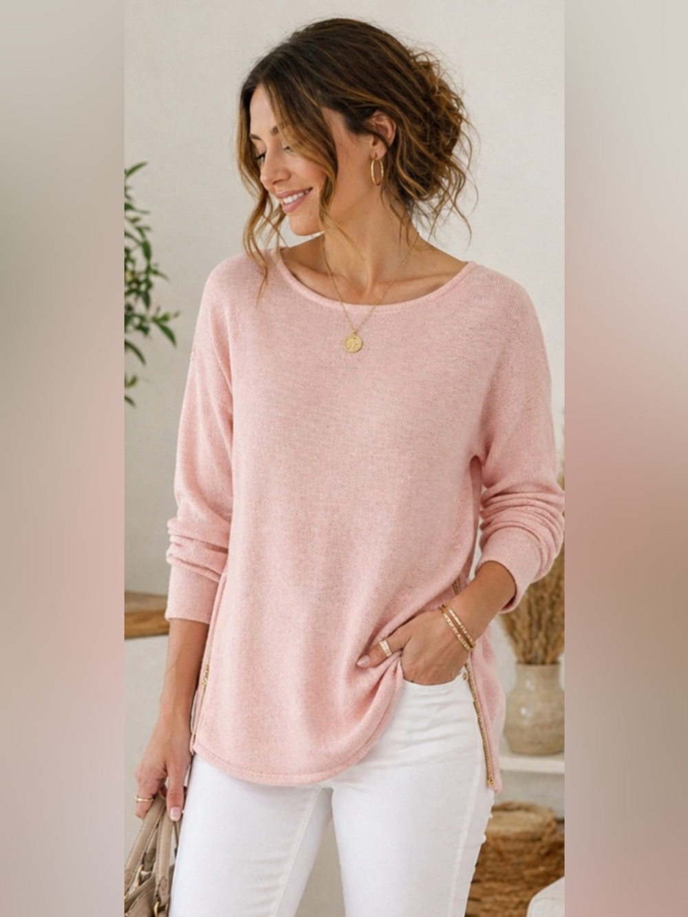 Michael Kors Pink Sweater with Gold‎ Zipper Large